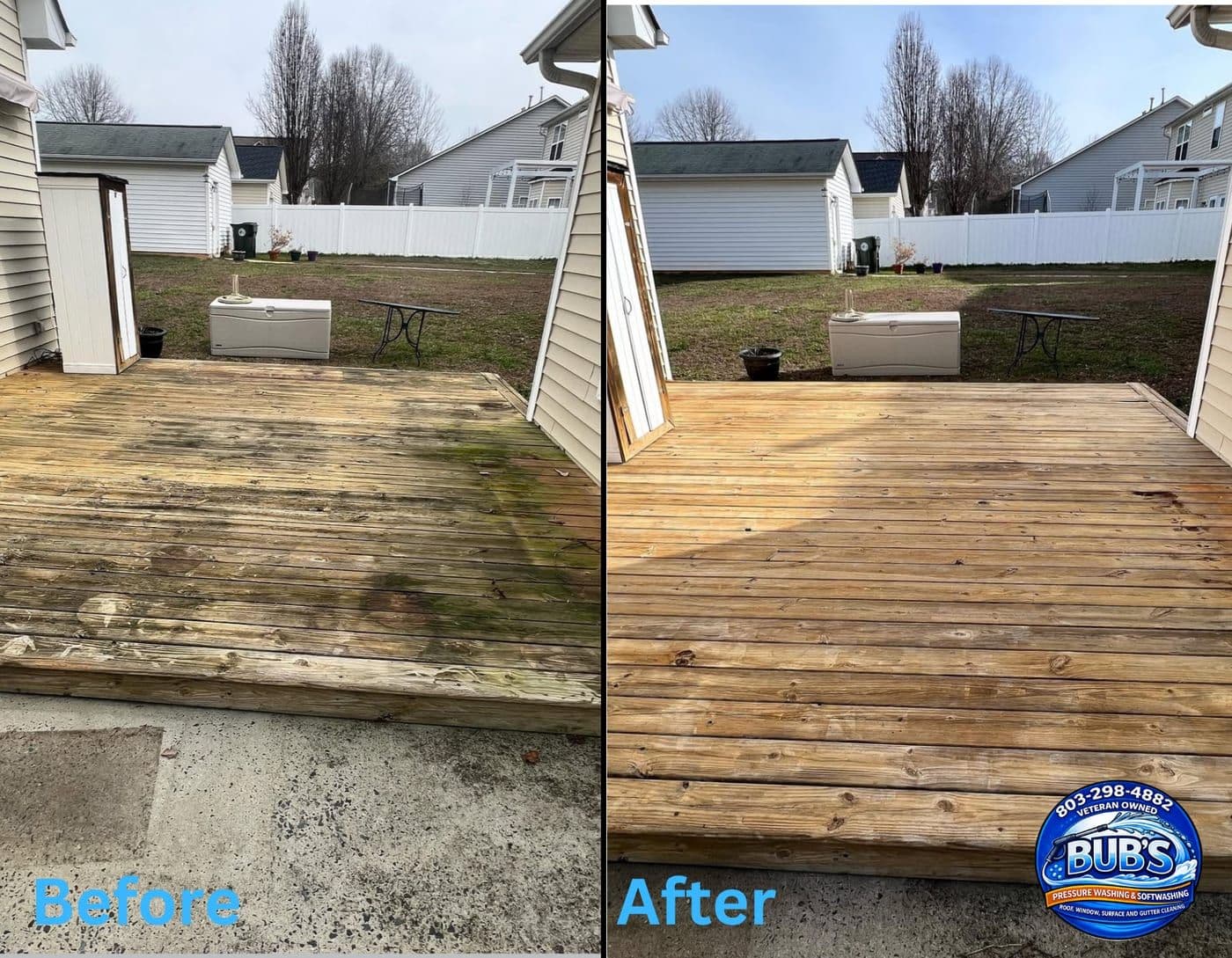 Before and after wood deck cleaning — algae and mold removed