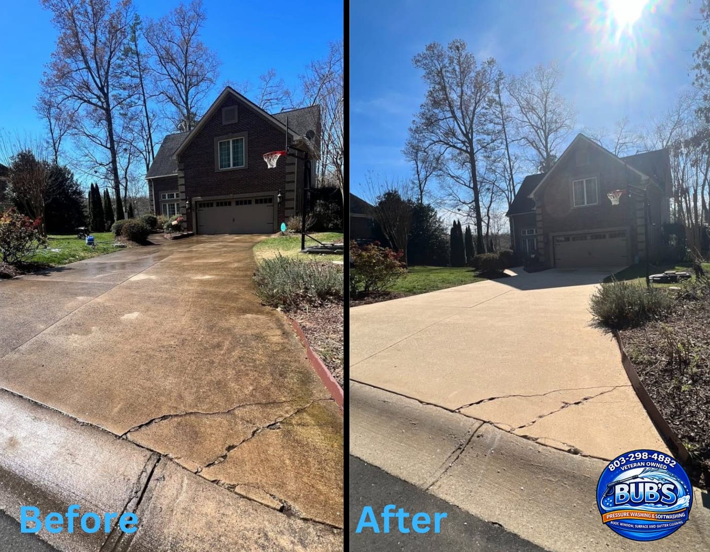 Before and after driveway pressure washing — dark stains removed