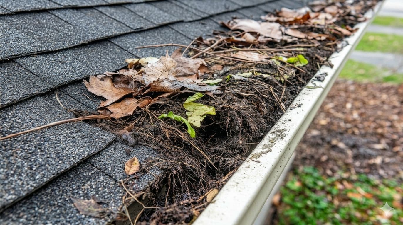 Clogged roof gutters filled with leaves and debris before cleaning