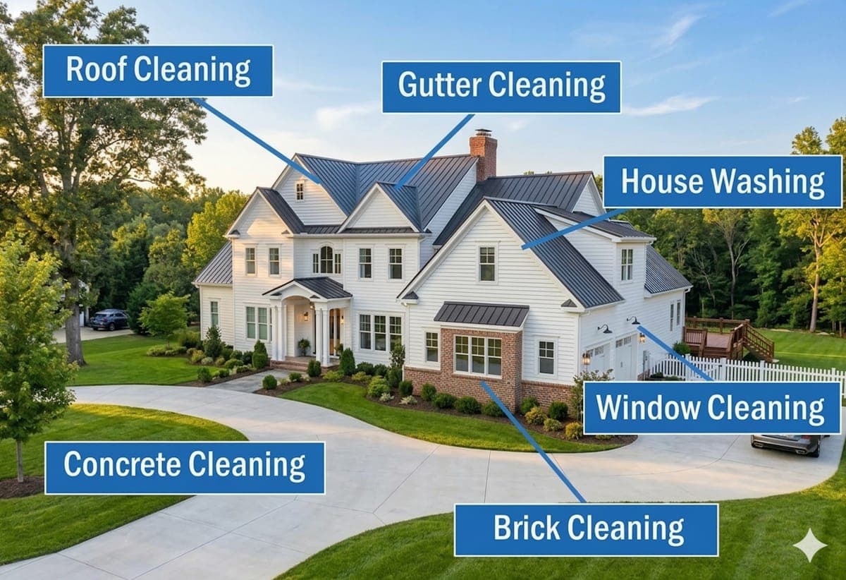 Pressure washed South Carolina home — roof, siding, driveway, and gutters cleaned