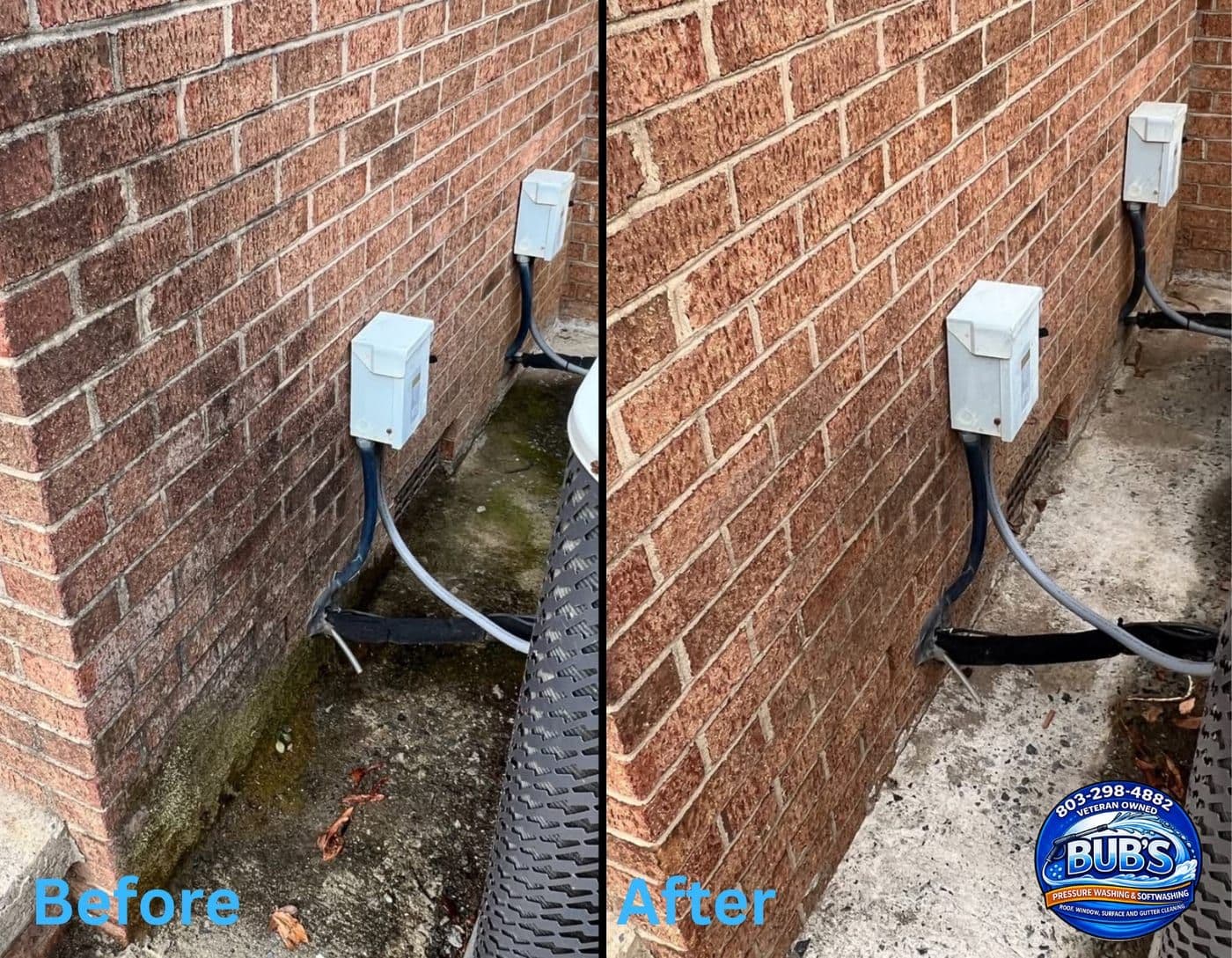 Before and after brick wall algae and mold removal