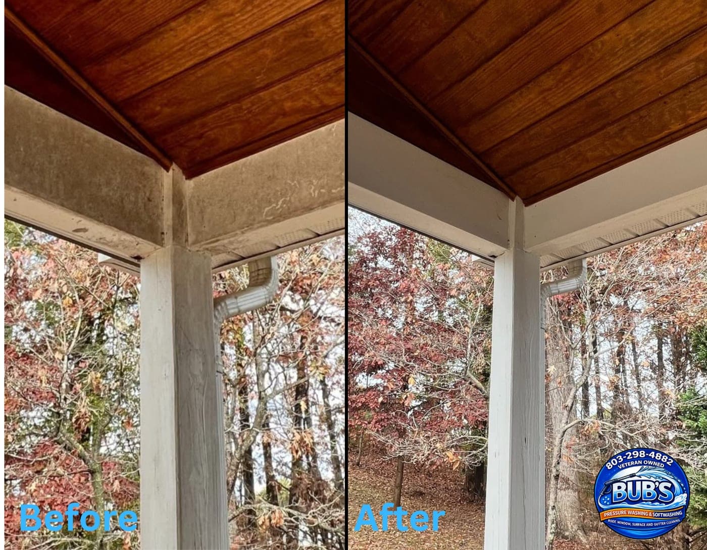 Before and after porch ceiling and soffit cleaning