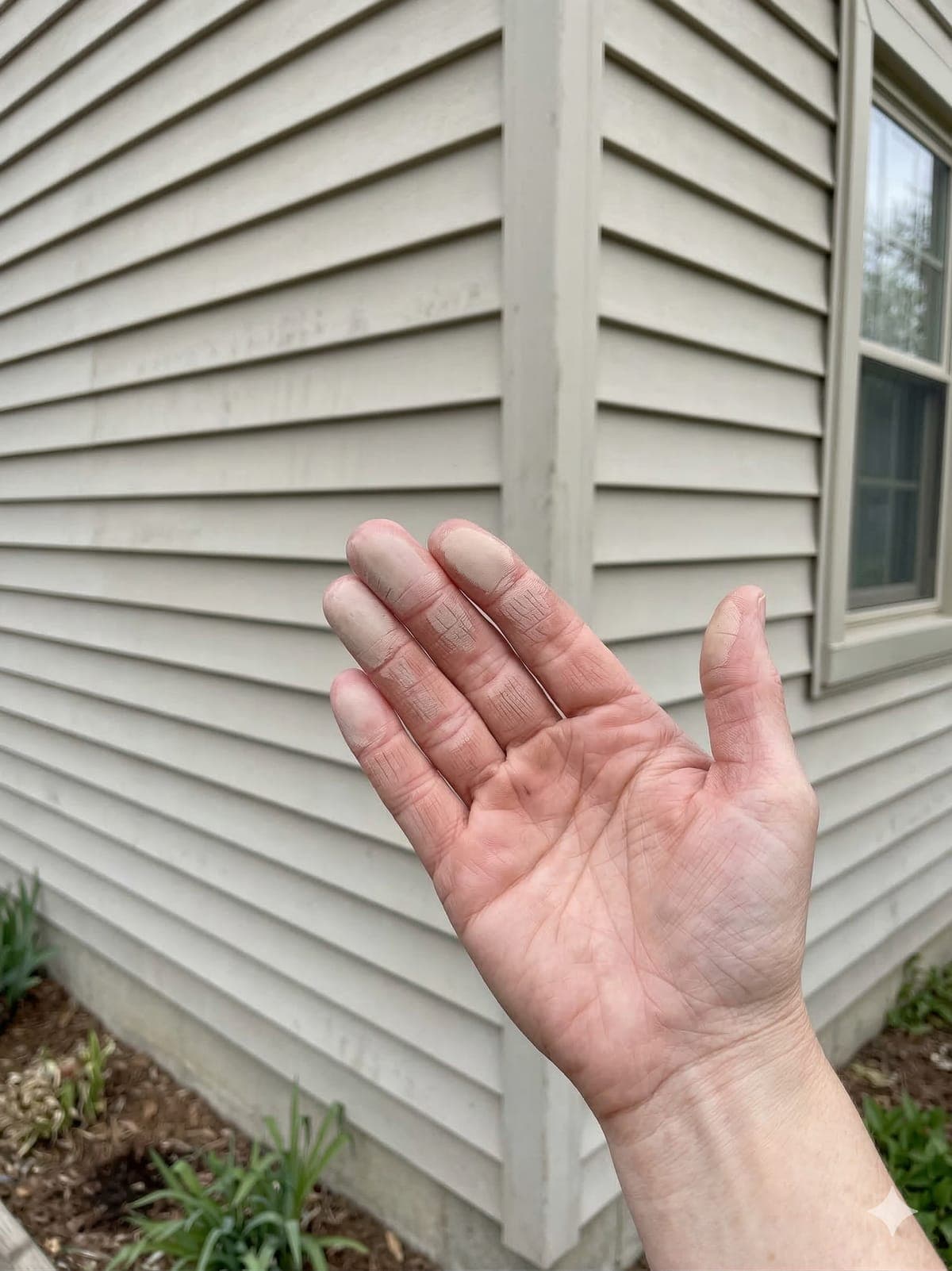 Oxidation residue on hand from vinyl siding showing need for deoxidization