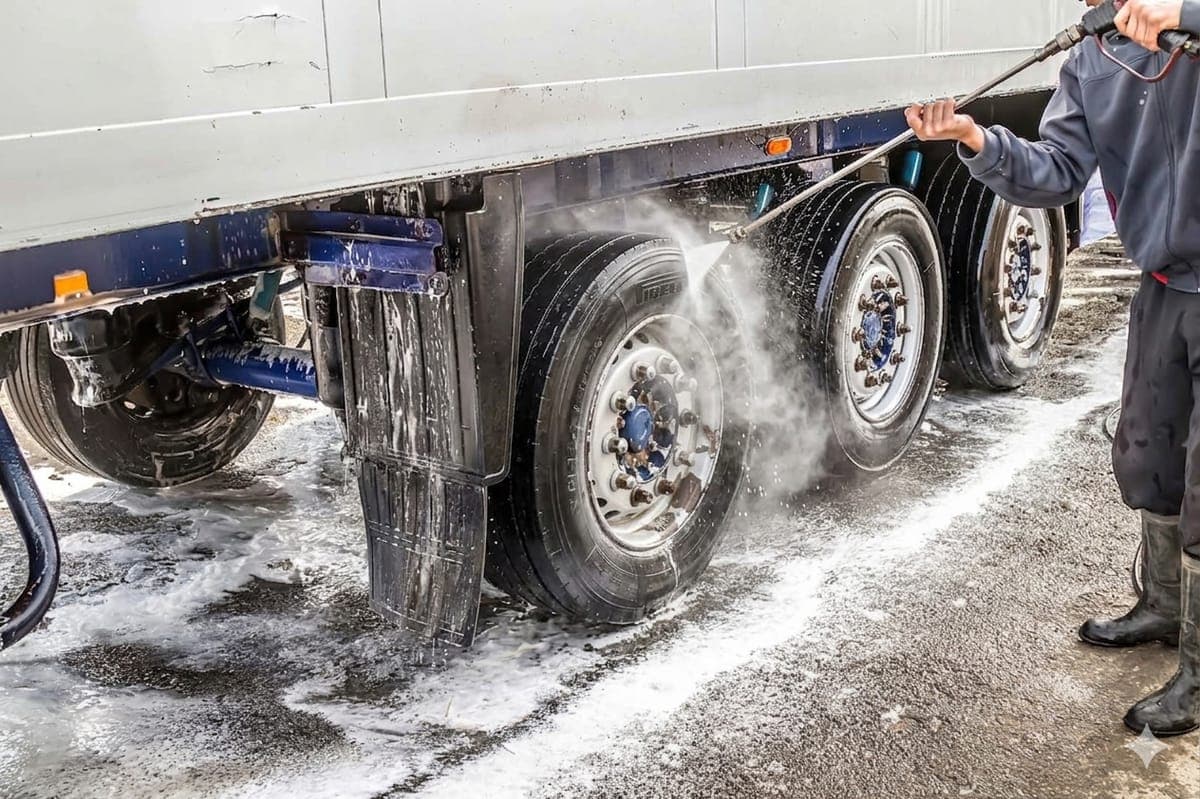 Commercial fleet vehicles ready for on-site washing service