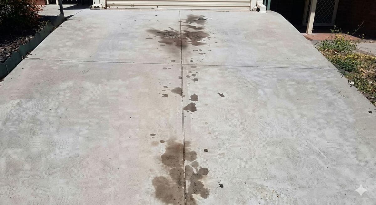 Oil stains on concrete driveway before professional removal